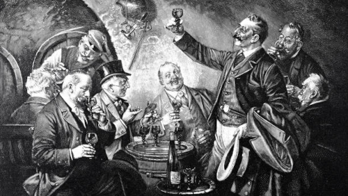Messieurs goûtant du vin dans un bar au XIXème siècle