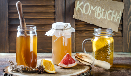 Kombucha served in large jars